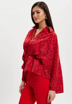 Women’s Heart Print Shirt with Long Sleeves, Tie Waist, Shirt Collar, Regular Fit, Button Up Front