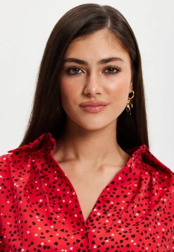 Women’s Heart Print Shirt with Long Sleeves, Tie Waist, Shirt Collar, Regular Fit, Button Up Front