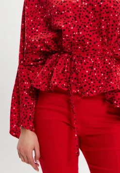 Women’s Heart Print Shirt with Long Sleeves, Tie Waist, Shirt Collar, Regular Fit, Button Up Front