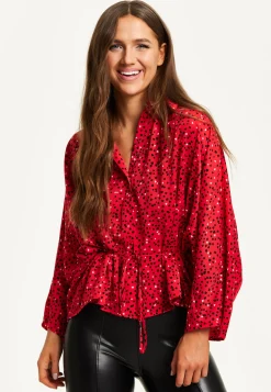 Women’s Heart Print Shirt with Long Sleeves, Tie Waist, Shirt Collar, Regular Fit, Button Up Front
