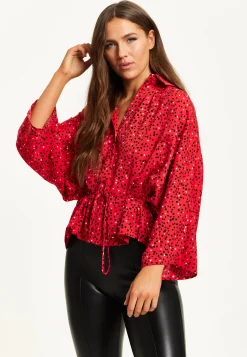 Women’s Heart Print Shirt with Long Sleeves, Tie Waist, Shirt Collar, Regular Fit, Button Up Front
