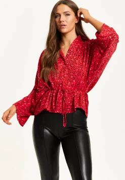 Women’s Heart Print Shirt with Long Sleeves, Tie Waist, Shirt Collar, Regular Fit, Button Up Front
