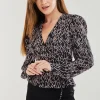 Women's Heart Print Wrap Top in Black with V Neck, Long Sleeves, Tie Waist, and Skinny Fit