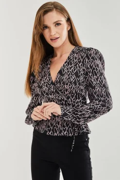 Women's Heart Print Wrap Top in Black with V Neck, Long Sleeves, Tie Waist, and Skinny Fit