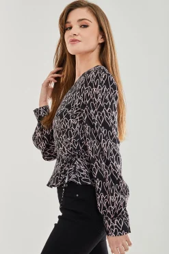 Women's Heart Print Wrap Top in Black with V Neck, Long Sleeves, Tie Waist, and Skinny Fit