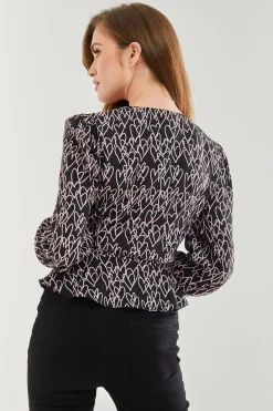 Women's Heart Print Wrap Top in Black with V Neck, Long Sleeves, Tie Waist, and Skinny Fit