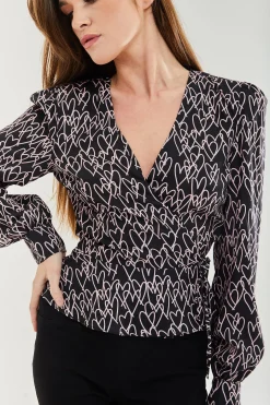 Women's Heart Print Wrap Top in Black with V Neck, Long Sleeves, Tie Waist, and Skinny Fit