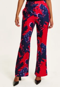 Women's High Rise Wide Leg Red Floral Print Trousers - Part of Co-Ord Set, Zip-Front Fastening, Liquorish