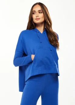 Women's Hooded Sweatshirt with Front Pocket in Blue - Oversized Fit, Drawstring Hood, Side Slits, Kangaroo Pocket
