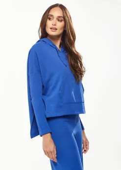 Women's Hooded Sweatshirt with Front Pocket in Blue - Oversized Fit, Drawstring Hood, Side Slits, Kangaroo Pocket