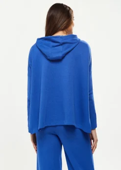 Women's Hooded Sweatshirt with Front Pocket in Blue - Oversized Fit, Drawstring Hood, Side Slits, Kangaroo Pocket