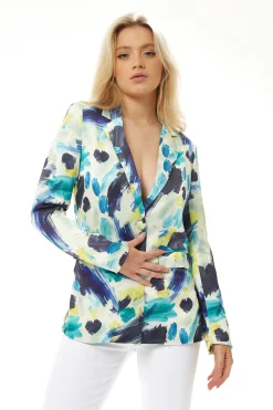 Women's Jacket - Multicolour Abstract Print Blazer with Padded Shoulders and Side Pockets, Relaxed Fit, Liquorish