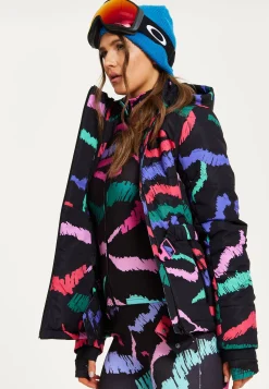 Women’s Jacket in Black Abstract Print with Thumbhole Cuffs and Adjustable Toggle Collar by Liquorish