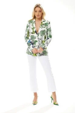 Women's Jacket with Padded Shoulders, Relaxed Fit, Floral Print in White - Liquorish