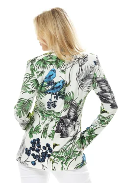 Women's Jacket with Padded Shoulders, Relaxed Fit, Floral Print in White - Liquorish