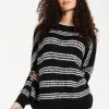 Women's Jumper - Oversized Black and White Striped Knit Sweater with Long Sleeves, Super Soft Comfort and Chic Style