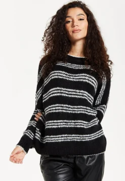 Women's Jumper - Oversized Black and White Striped Knit Sweater with Long Sleeves, Super Soft Comfort and Chic Style
