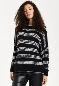Women's Jumper - Oversized Black and White Striped Knit Sweater with Long Sleeves, Super Soft Comfort and Chic Style
