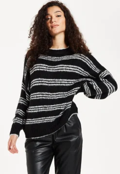 Women's Jumper - Oversized Black and White Striped Knit Sweater with Long Sleeves, Super Soft Comfort and Chic Style
