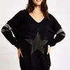 Women's Jumper Black Long Sleeve with Sparkly Star & Stripes, V-Neck and Exposed Metal Zip by Liquorish