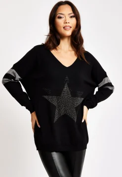 Women's Jumper Black Long Sleeve with Sparkly Star & Stripes, V-Neck and Exposed Metal Zip by Liquorish