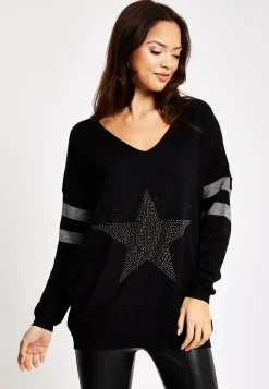 Women's Jumper Black Long Sleeve with Sparkly Star & Stripes, V-Neck and Exposed Metal Zip by Liquorish