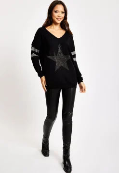 Women's Jumper Black Long Sleeve with Sparkly Star & Stripes, V-Neck and Exposed Metal Zip by Liquorish