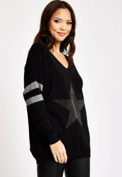 Women's Jumper Black Long Sleeve with Sparkly Star & Stripes, V-Neck and Exposed Metal Zip by Liquorish
