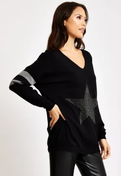 Women's Jumper Black Long Sleeve with Sparkly Star & Stripes, V-Neck and Exposed Metal Zip by Liquorish