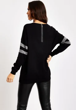 Women's Jumper Black Long Sleeve with Sparkly Star & Stripes, V-Neck and Exposed Metal Zip by Liquorish