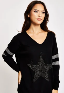 Women's Jumper Black Long Sleeve with Sparkly Star & Stripes, V-Neck and Exposed Metal Zip by Liquorish