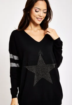 Women's Jumper Black Long Sleeve with Sparkly Star & Stripes, V-Neck and Exposed Metal Zip by Liquorish