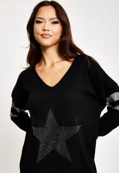 Women's Jumper Black Long Sleeve with Sparkly Star & Stripes, V-Neck and Exposed Metal Zip by Liquorish