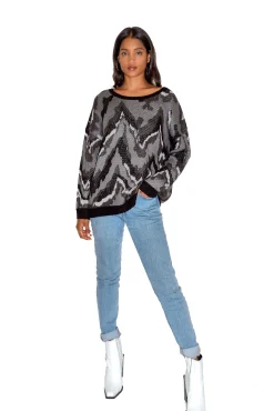 Women's Jumper in Abstract Grey Tones with Long Sleeves and Black Contrast Ribs by Liquorish