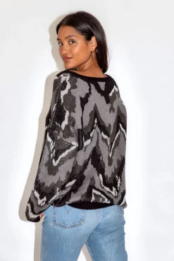 Women's Jumper in Abstract Grey Tones with Long Sleeves and Black Contrast Ribs by Liquorish