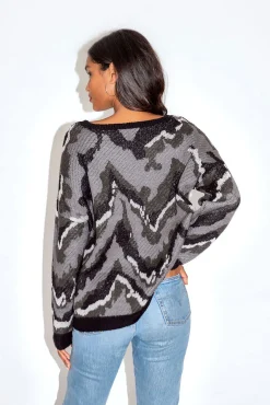 Women's Jumper in Abstract Grey Tones with Long Sleeves and Black Contrast Ribs by Liquorish
