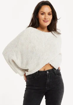Women's Jumper in Beige with Asymmetric Layered Shawl Design and Long Sleeves - Liquorish
