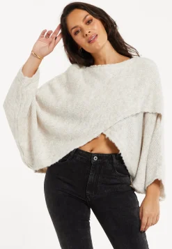 Women's Jumper in Beige with Asymmetric Layered Shawl Design and Long Sleeves - Liquorish
