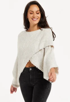 Women's Jumper in Beige with Asymmetric Layered Shawl Design and Long Sleeves - Liquorish