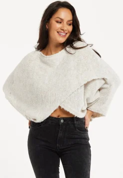 Women's Jumper in Beige with Asymmetric Layered Shawl Design and Long Sleeves - Liquorish