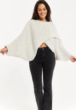 Women's Jumper in Beige with Asymmetric Layered Shawl Design and Long Sleeves - Liquorish