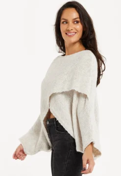 Women's Jumper in Beige with Asymmetric Layered Shawl Design and Long Sleeves - Liquorish