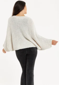 Women's Jumper in Beige with Asymmetric Layered Shawl Design and Long Sleeves - Liquorish