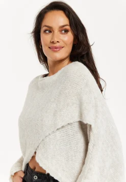 Women's Jumper in Beige with Asymmetric Layered Shawl Design and Long Sleeves - Liquorish