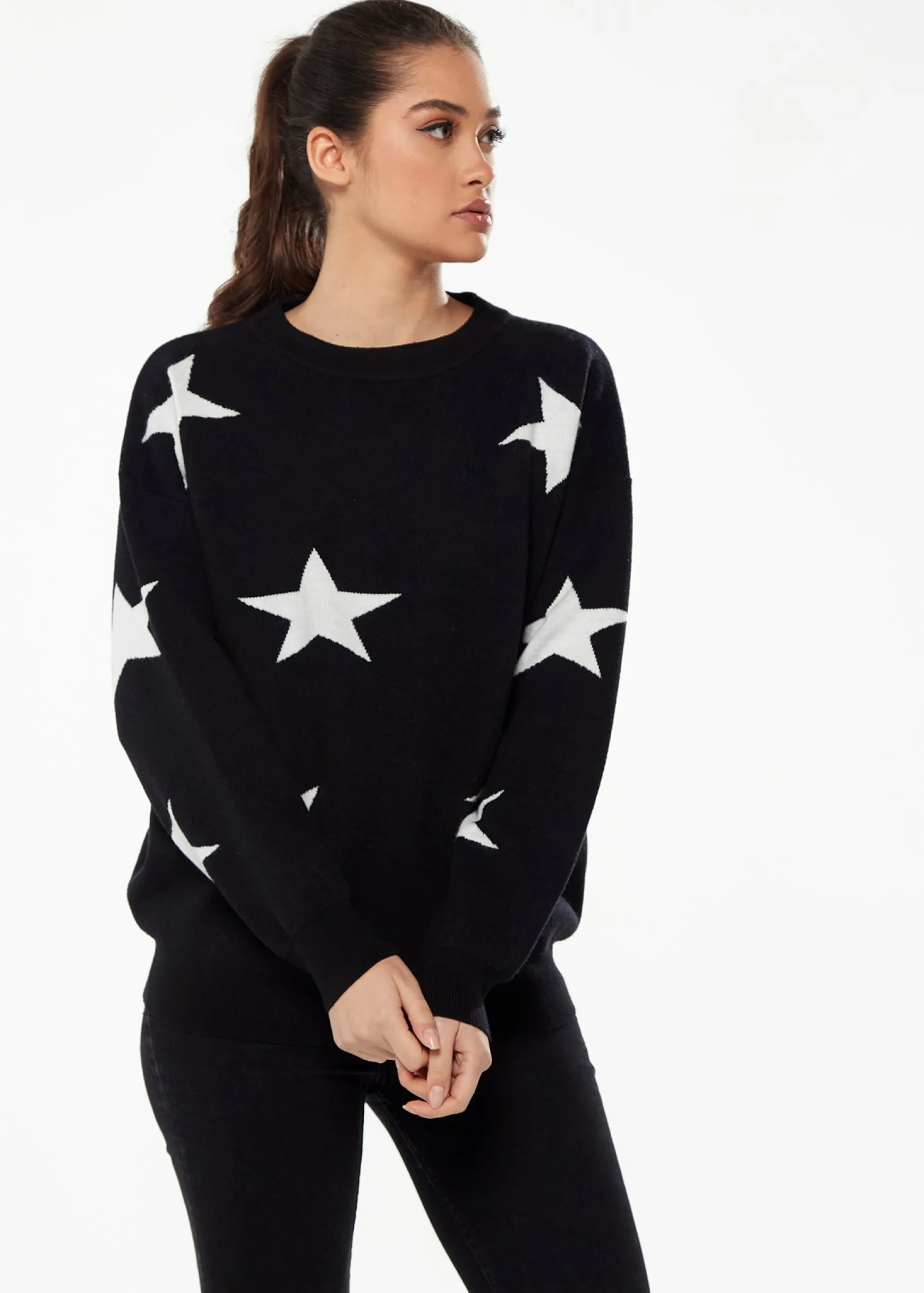 Women's Jumper in Black & White with Full-Length Sleeves and Uplifting Star Pattern by Liquorish
