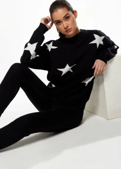 Women's Jumper in Black & White with Full-Length Sleeves and Uplifting Star Pattern by Liquorish