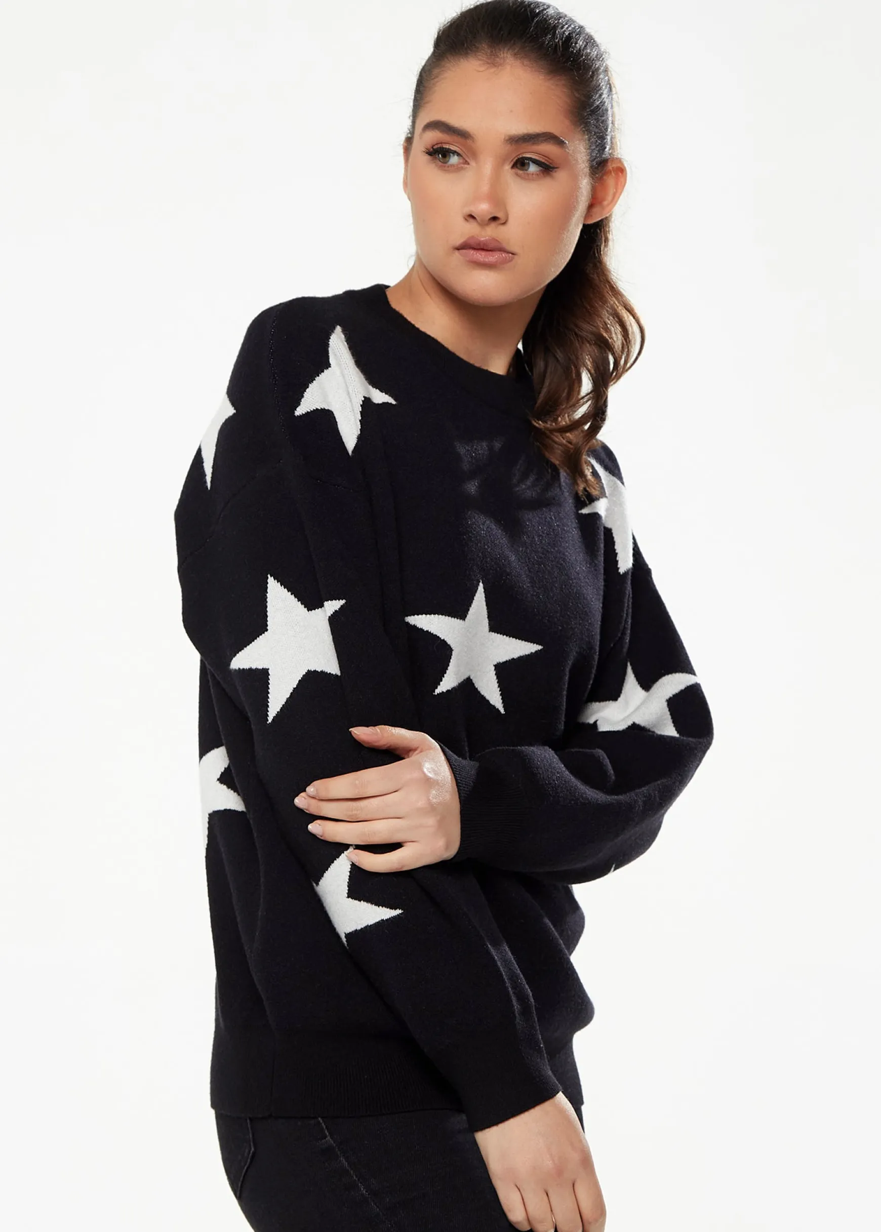 Women's Jumper in Black & White with Full-Length Sleeves and Uplifting Star Pattern by Liquorish