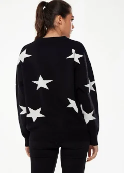 Women's Jumper in Black & White with Full-Length Sleeves and Uplifting Star Pattern by Liquorish