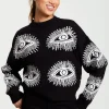 Women's Jumper in Black with Long Sleeves and Eye Pattern Design by Liquorish