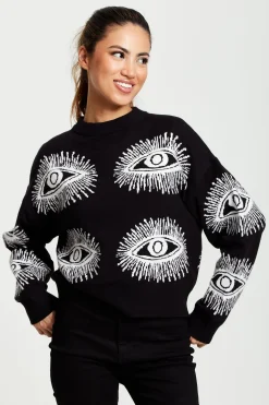 Women's Jumper in Black with Long Sleeves and Eye Pattern Design by Liquorish